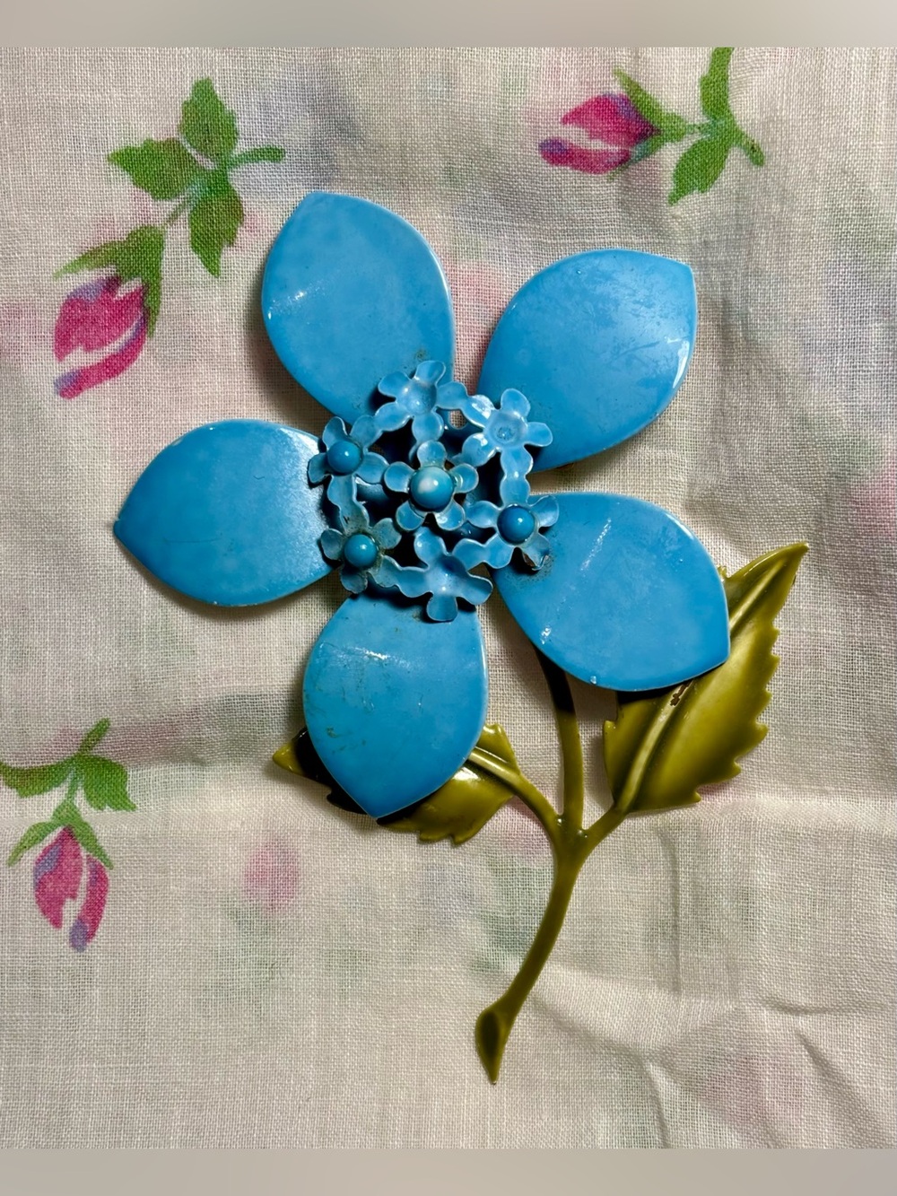 Vintage 1960s Blue Enamel Flower Brooch Large Flower Power Floral Pin